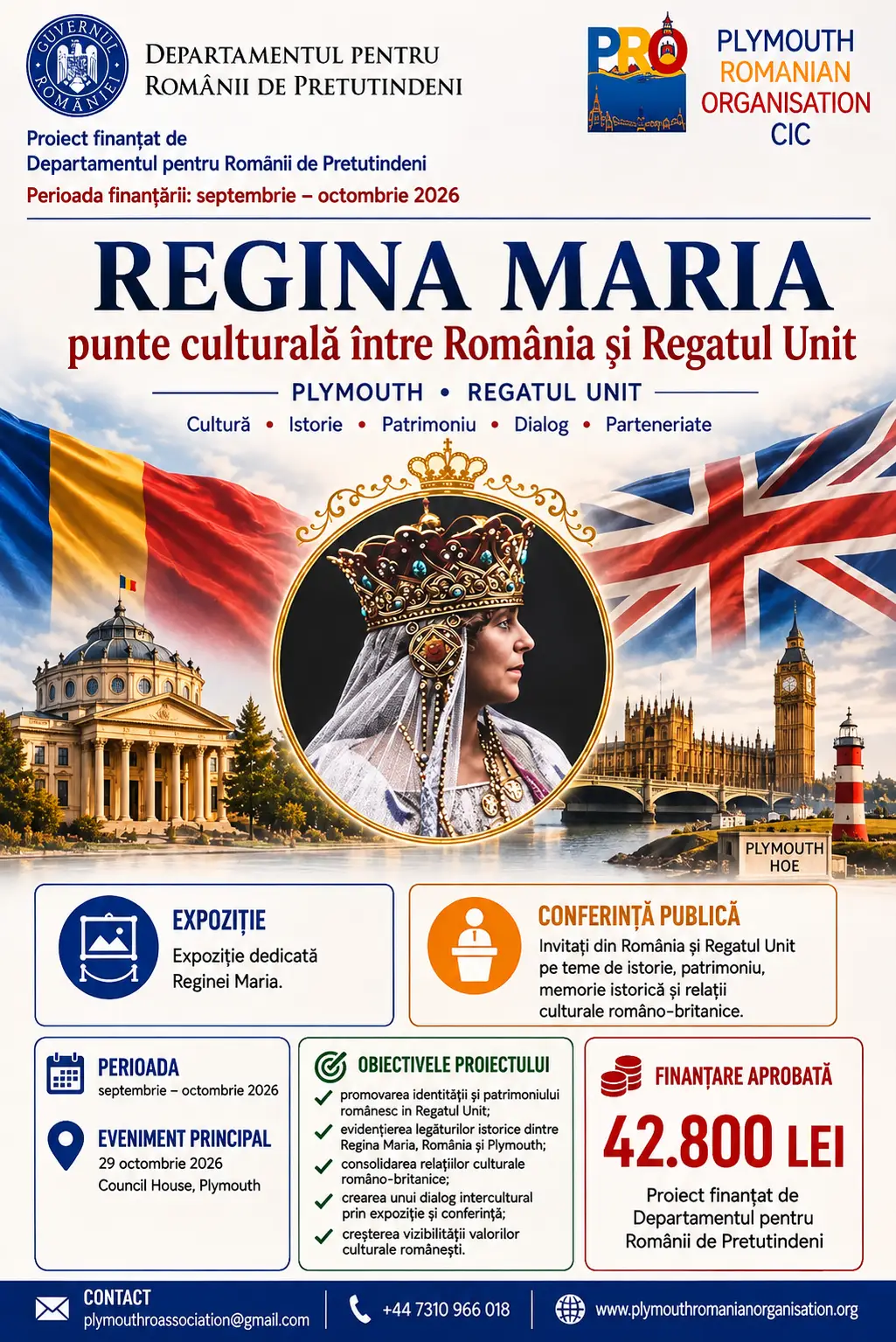 Afișul oficial al proiectului Regina Maria – Punte culturală între România și Regatul Unit, finanțat de DPRP cu 42.800 lei